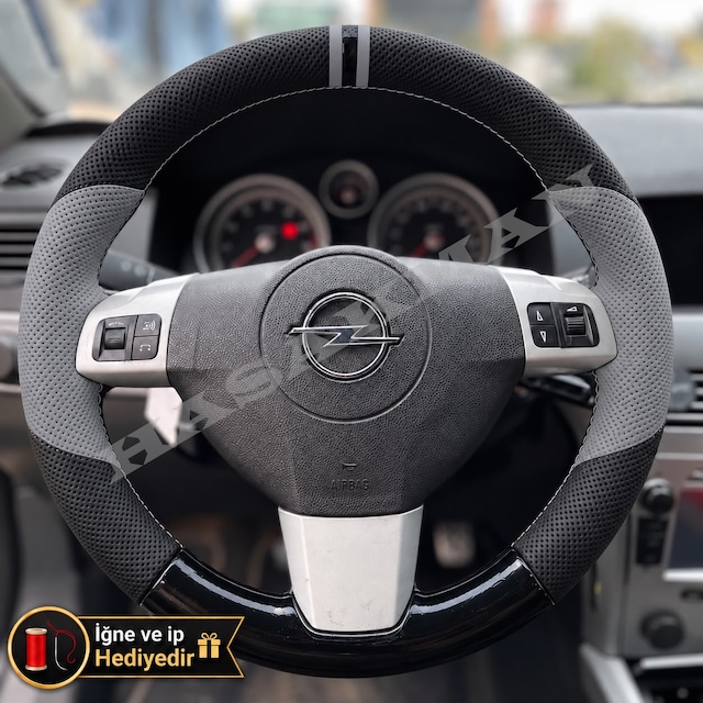 Opel Astra H Dikme Direksiyon Kılıfı Delikli Deri Parlak Siyah Gri Detay Çift Yüzük Ve Dikiş 2004-2014