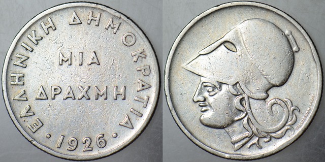 Yunanistan 1 Drahmi 1926 Miğferli Athena Başı Görselli.