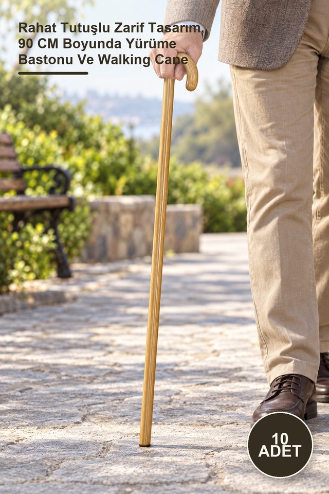 10 Adet Ahşap Baston Rahat Tutuşlu Zarif Tasarım, 90 Cm Boyunda Yürüme Bastonu Ve Walking Cane