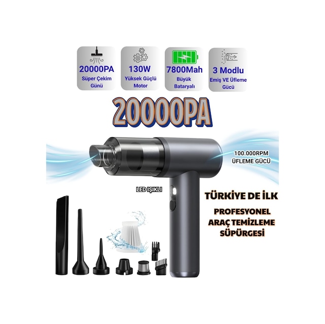 Polham 130w 20.000pa 7800mah Şarjlı Profesyonel Araç Süpürgesi, Led Işıklı Oto Süpürge Ve Üfleme Makinası