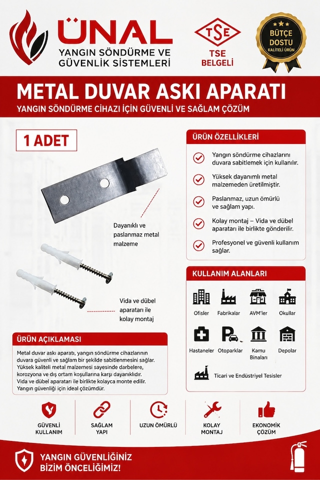 Yangın Söndürme Tüpü Metal Duvar Askı Aparatı 1 Adet Vidalı Dübelli Tse Belgeli Yangın