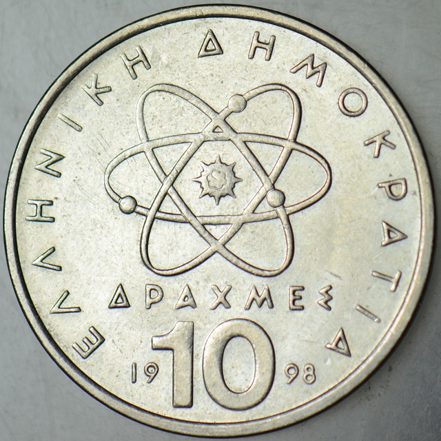 Yunanistan 10 Drahmi 1998 Demokritos Ve Atom Temalı. 26 Mm. Çilaltı.