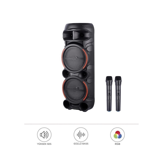 2058 Çift Kablosuz Mikrofonlu Rgb Ledli Taşınabilir Bluetooth Hoparlör Parti Speaker Fm / Usb / Tf