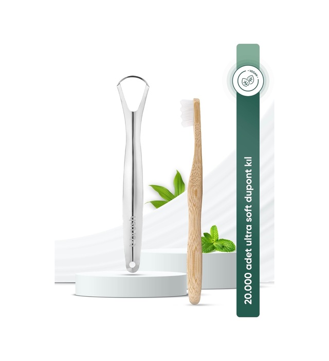 Tbrush Nano Doğal Bambu Vegan Diş Fırçası - Ultra Soft Beyaz Paslanmaz Çelik Dil Temizleyici