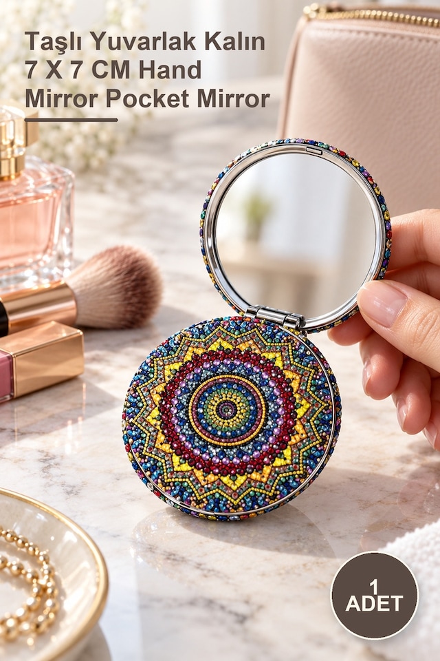 1 Adet El Aynası Taşlı Yuvarlak Kalın 7 X 7 Cm Hand Mirror Pocket Mirror