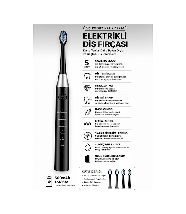 Amf13 Siyah Şarjlı Elektrikli Diş Fırçası 5 Modlu Ipx7 Su Geçirmez 4 Yedek Başlıklı Set