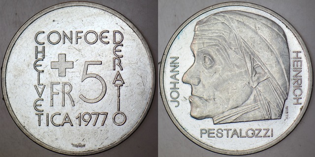 İsviçre 5 Frank 1977 Hatıra-pestalozzi Ölümünün 150. Yılı.