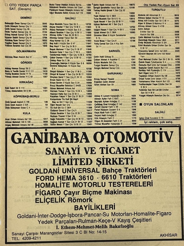 Manisa 1987 Meslek Reklam İlanı Efemera S-89 Teşhir Ürün