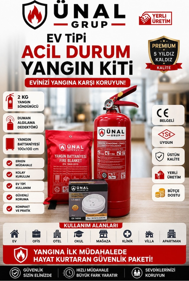 Ev Tipi Acil Durum Yangın Kiti 2kgyangıntüpü Duman Algılama Dedektörü Yangın Battaniyesi