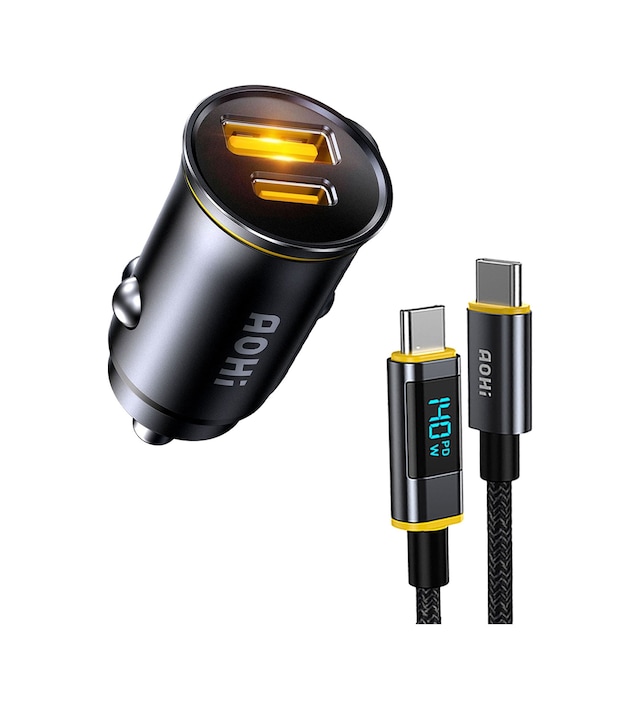 Aohi Superauto 2 Portlu Pd 65w Araç İçi Şarjı, 140w Led Ekranlı Naylon Örgülü Süper Hızlı Şarj Kablo