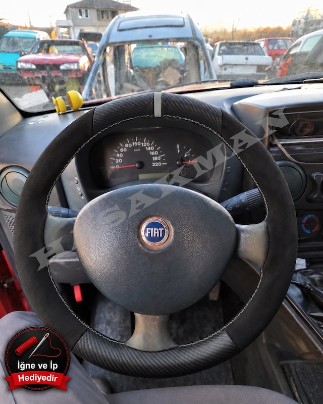 Fiat Strada Dikme Direksiyon Kılıfı Alcantara Süet Mat Karbon Gri Yüzük Ve Dikiş 2002-2012