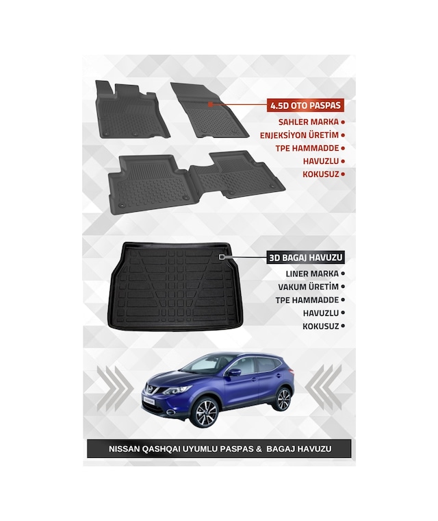 Sahler Nıssan Qashqai Visia 2014-2021 Uyumlu 4.5d Premium Havuzlu Oto Paspas Ve Liner Marka 3d Bagaj Havuzu
