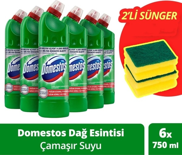Domestos Çamaşır Suyu Dağ Esintisi 6 x 750 ML + Sünger 2'li
