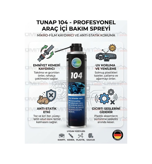 104 Profesyonel Araç İçi Bakım Ve Torpido Yenileyici Sprey - Emniyet Kemeri Kaydırıcı 400ml