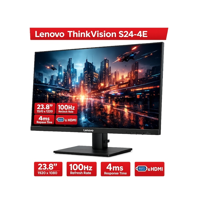 Lenovo 23.8 Thınkvısıon S24-4e 64b5kat1tk Wled 4ms 100hz Vga+hdmı Fhd Monitör