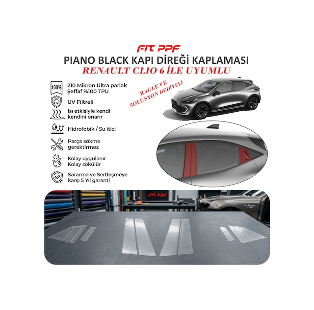 Clio 6 Hazır Kesim Piano Black Kapı Yan Direk Kaplamaları 210 Mik