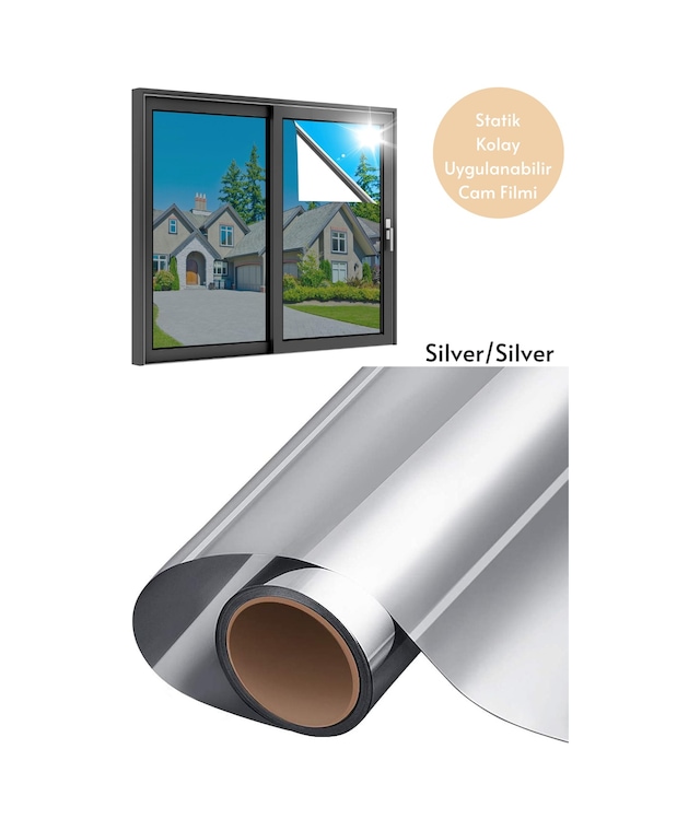 90x100 Cm Aynalı Cam Filmi Silver Silver Statik Uv Güneş Koruyucu Cam Kaplama