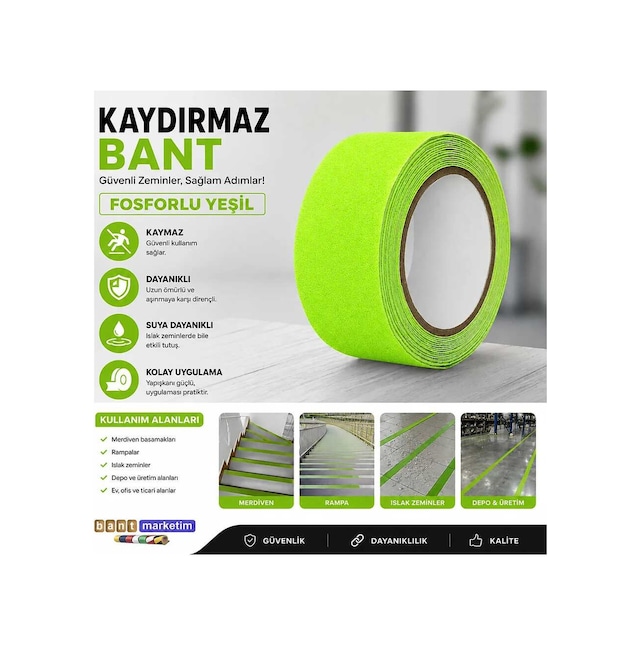 Yeşil Fosforlu Kaydırmaz Bant 5cmx5m Yeşil Fosforlu Merdiven Kaydırmaz Bandı Bant Marketim