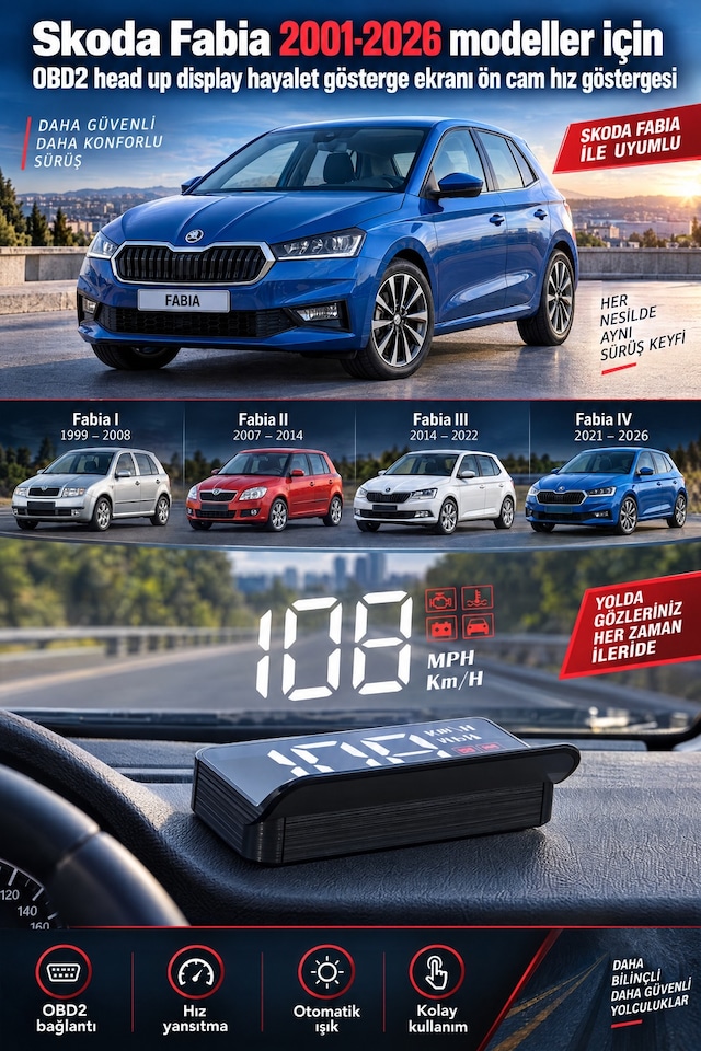 Skoda Fabia 2001-2026 Modeller İçin Obd2 Head Up Display Hayalet Gösterge Ekranı Ön Cam Hız Göstergesi