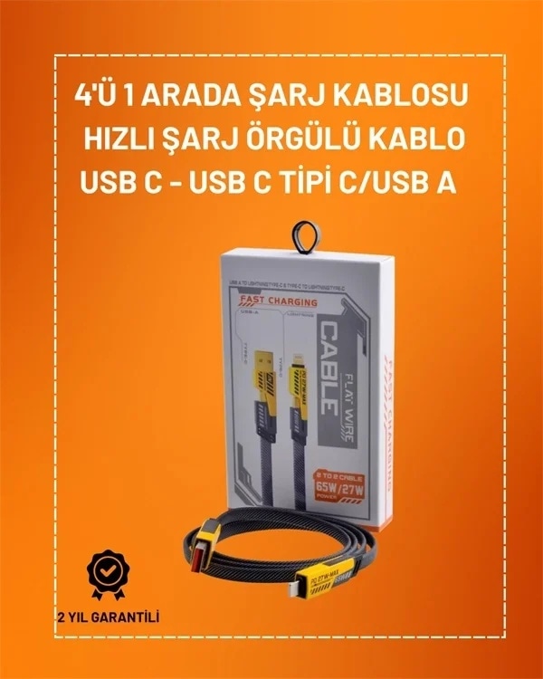 Ers 4'ü 1 Arada Usb Hızlı Şarj Ve Veri Kablosu 65w Güç, Çoklu Bağlantı, 1.2m