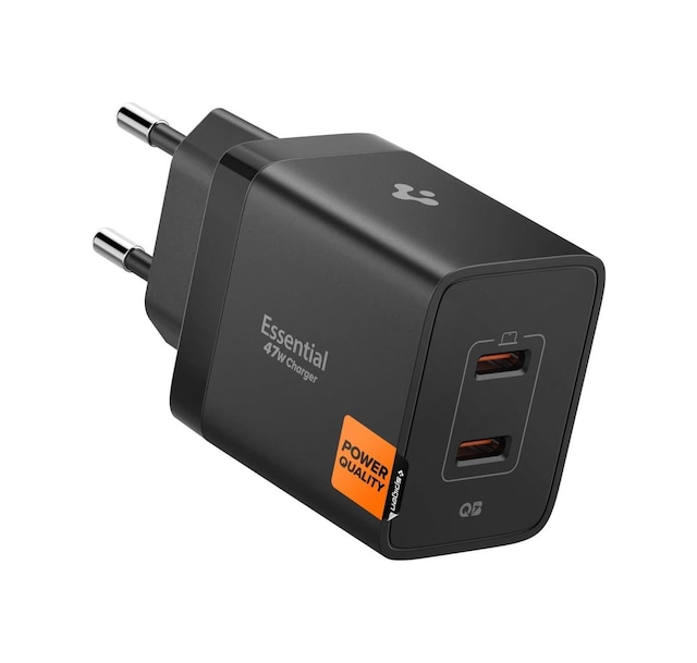 Spigen 47w Usb-c 2 Port Mini Hızlı Şarj Aleti Samsung Pps 2.0 / Isı Düşürücü Gan Pro Akım Korumalı Pd 3.0 / Scp / Fcp Protokol Güç Adaptörü İphone & Android & İpad & Macbook Type-c Black