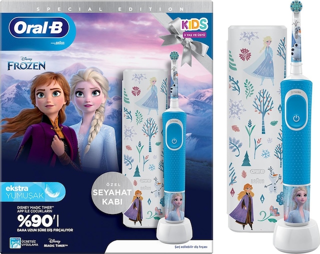 Oral-B D100 Vitality Frozen Özel Seri Çocuklar İçin Ekstra Yumuşak Şarj Edilebilir Diş Fırçası + Seyahat Kabı