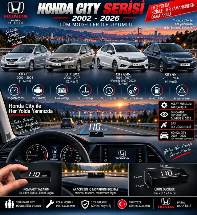 Honda City 2002-2026 Modeller İçin Head Up Display Hayalet Gösterge Ekranı Ön Cam Hız Göstergesi