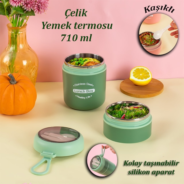 Porsima 66720 Çelik Yemek Termosu Lunch Box Yemek Kabı Yeşil 710m