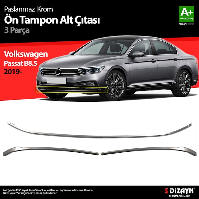 S-Dizayn Vw Passat B8.5 Krom Ön Tampon Alt Çıtası 3 Parça 2019 ve