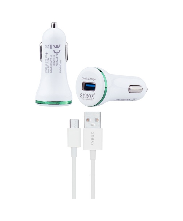 Syrox C47 Araç Şarj Aleti Micro Usb Kablo Set 2.4A Beyaz