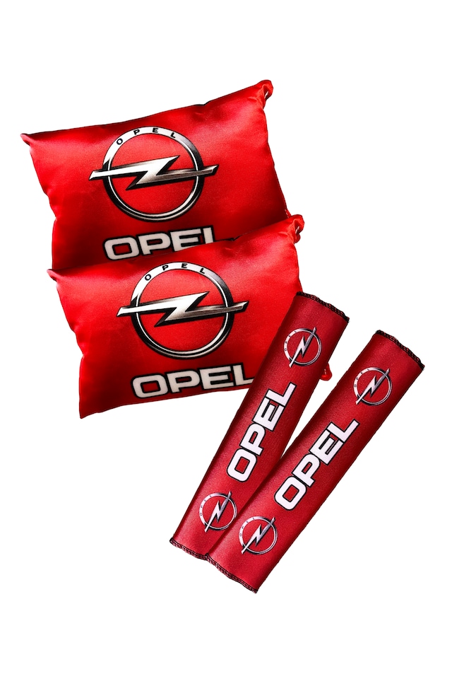Opel Logolu Dijital Baskılı Kırmızı Araç Boyun Yastığı & Emniyet Kemer Pedi 2 Li Set Kırmızı