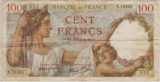 Fransa 100 Frank 1940 İğne Delikleri Ve Kenarlarda Ufak Yırtıklar Var Temiz+