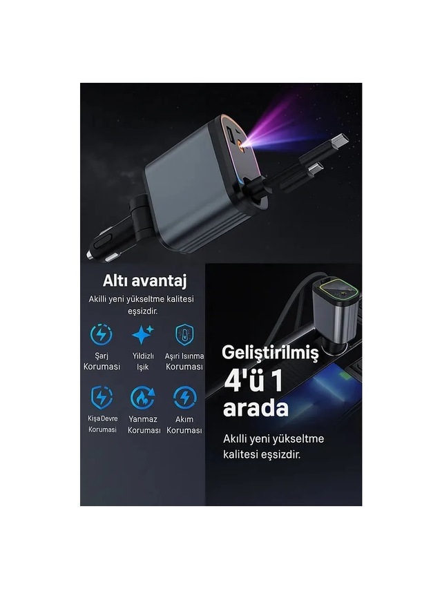 Nivego 66w Araç Çakmaklık Şarj Aleti Rgb Led Işıklı Tavan Aydınlatmalı 4 In1 Çift Kablolu Hızlı Şarj 3.4a