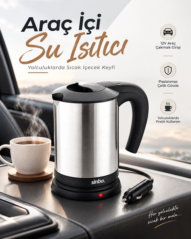 Otomobil İçin 12v Çakmak Soketli Paslanmaz Çelik Taşınabilir Su Isıtıcı Seyahat Kettle - Bayi Depom