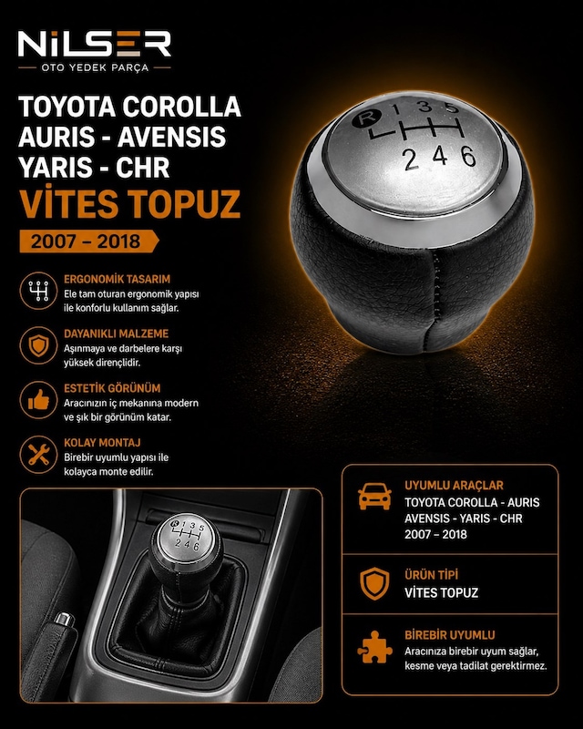 Vites Topuz Gri 6 İleri Corolla - Auris - Yaris - Avensis 2007-18 Siyah