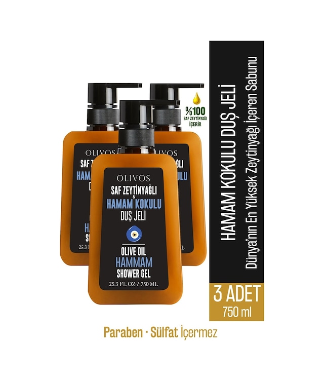 Olivos Doğal Zeytinyağlı Hamam Kokulu Banyo ve Duş Jeli 3 x 750 ML