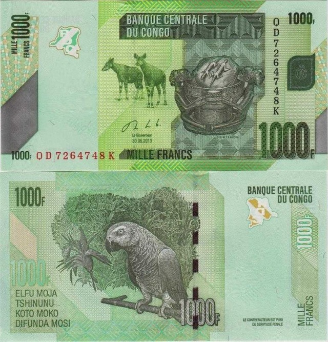 Kongo 1000 Frank 2013 Papağan Temalı. Çil Kondisyon.