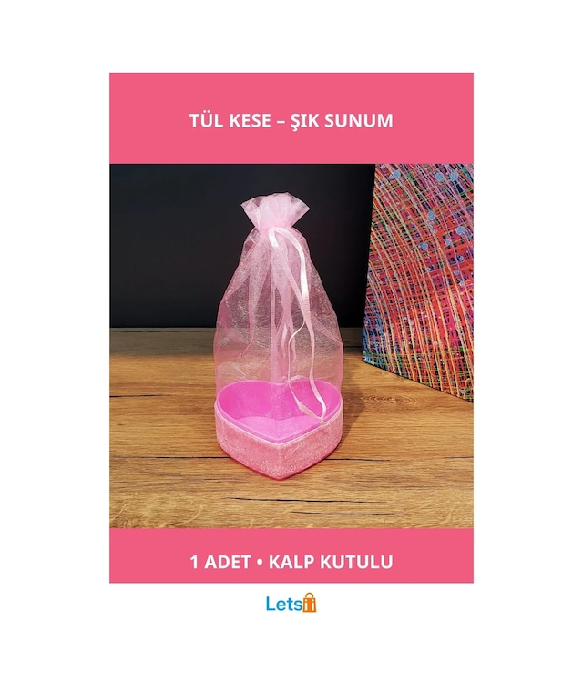 Pembe Kalpli Tül Kese Ve Simli Kalp Kutusu