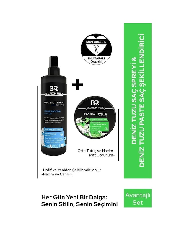 Black Red Saç Sea Salt Deniz Tuzu Saç Spreyi & Seal Salt Paste Saç Şekillendirici Mat Wax 2'li Set