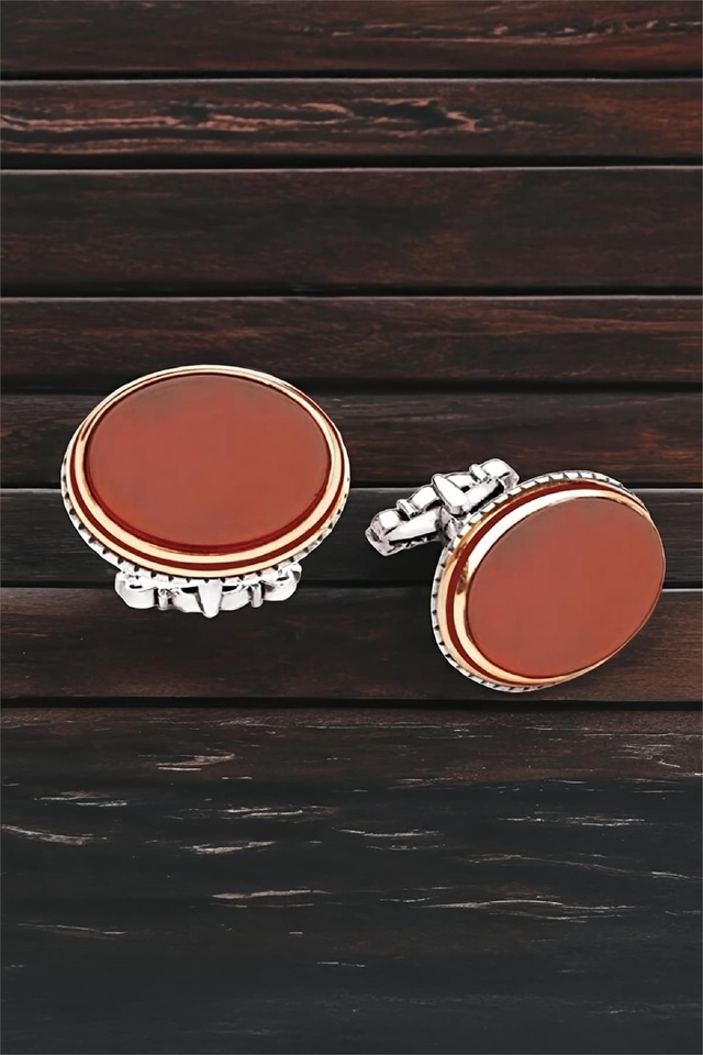 Gümüş Akik Taşlı Oval Kol Düğmesi -5782 Gümüş