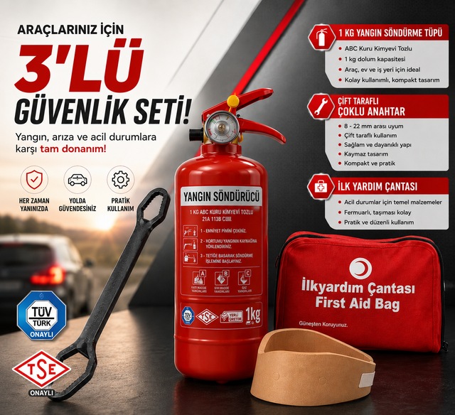 3 Lü Set Trafik Ilkyardım Seti Yangın Tüpü Boyunluk Çoklu Anahtar