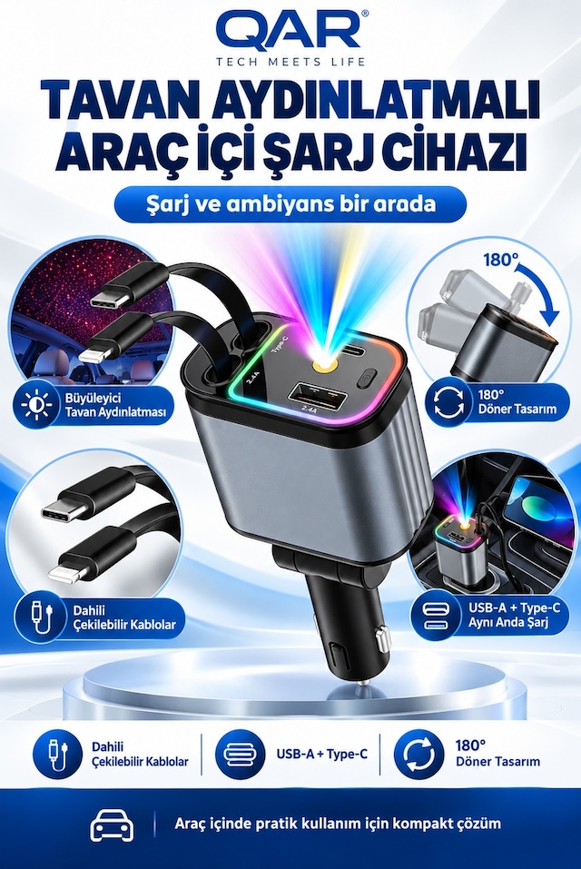 4 Ü 1 Arada Araç Şarj Aleti Type-c Ve Lightning Kablolu Hızlı Şarj Çakmaklık Adaptörü