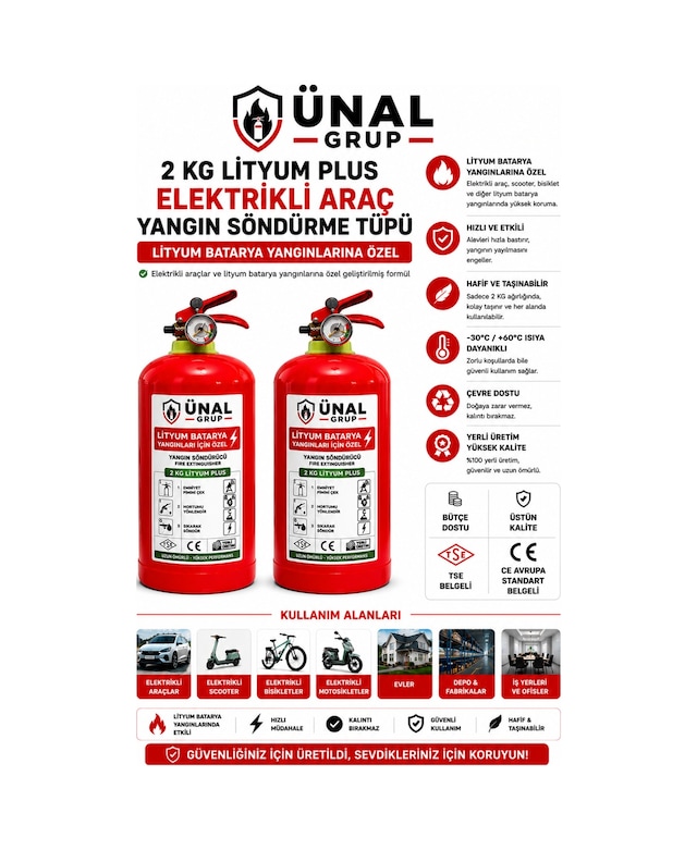 2 Adet 2 Kg Elektrikli Araç Lityum Yangın Söndürücü Kkt Yangın Tüpü
