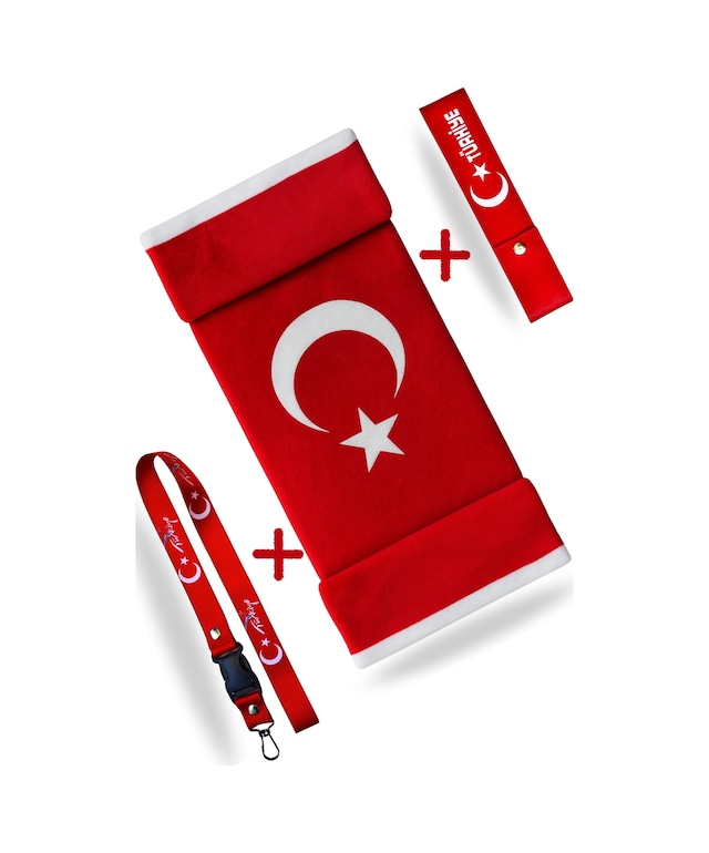 Türk Bayrak'lı Oto Torpido & Pandizot Üstü Peluş Halı / Oto Ayna Askısı / Tampon Dili & Çeki İpi