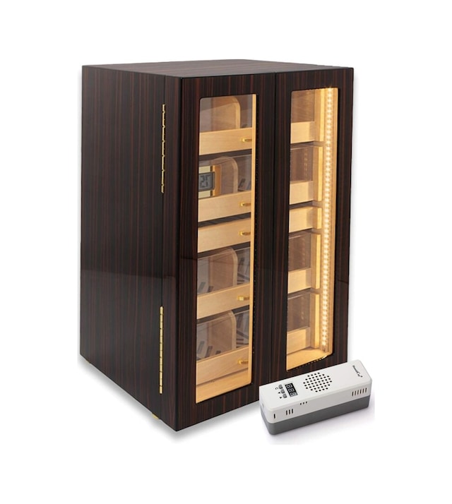 Elektronik Nemlendiricili Camlı 4 Çekmeceli Işıklı Puro Kutusu Humidor Abanoz 200's