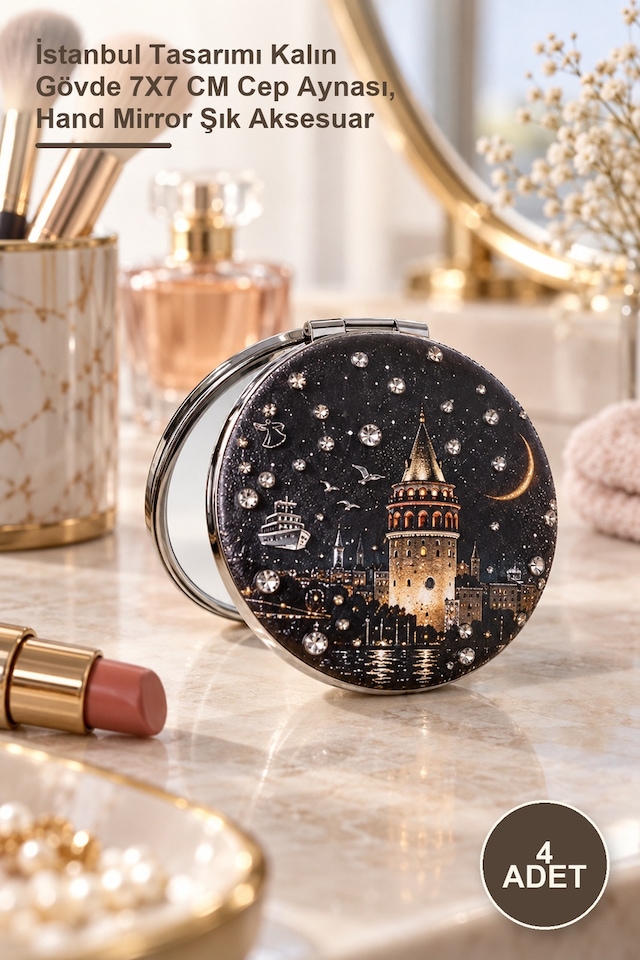 4 Adet Taşlı El Aynası İstanbul Tasarımı Kalın Gövde 7x7 Cm Cep Aynası, Hand Mirror Şık Aksesuar