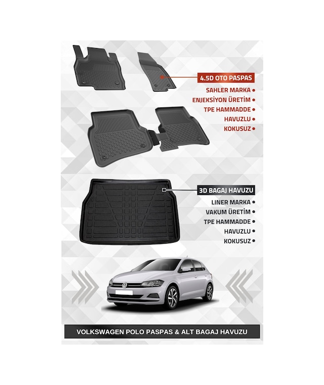 Sahler Volkswagen Polo 2017-2025 Uyumlu 4.5d Premium Havuzlu Paspas Ve Liner Marka 3d Bagaj Havuzu