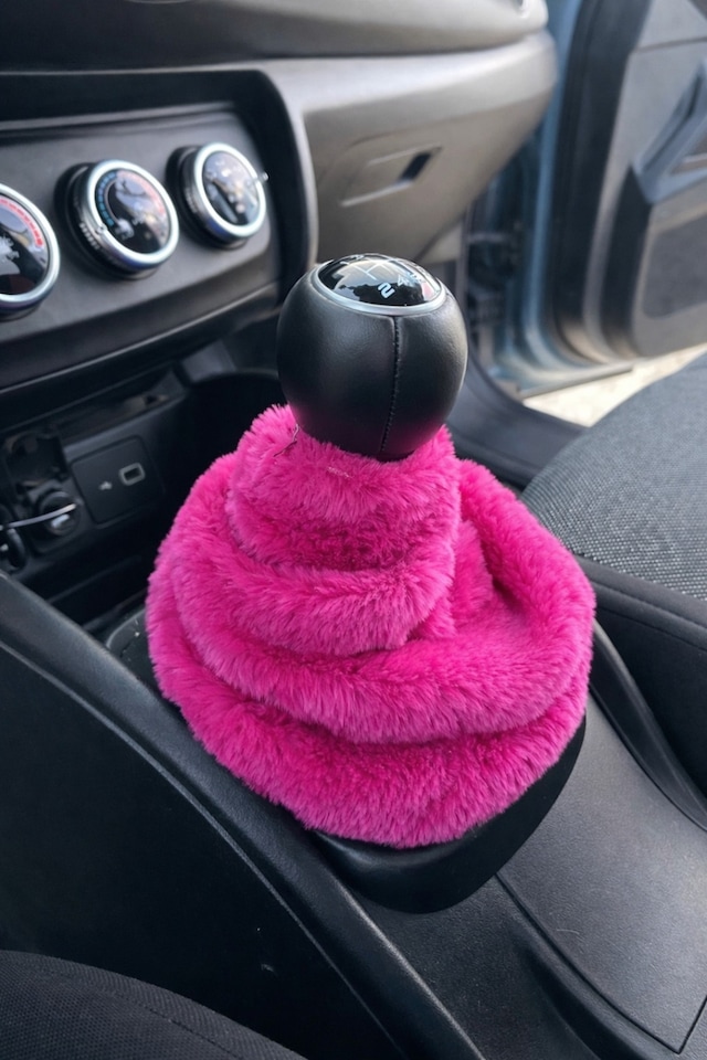 Kadınlara Özel Yumuşak Tüylü Peluş Kürk Vites Körüğü Vites Süsü Fuşya Pembe
