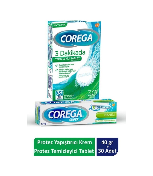 Corega Süper Protez Yapıştırıcı Krem 40 G + Corega Cleanser Bio Protez Temizleme Tableti 30'lu