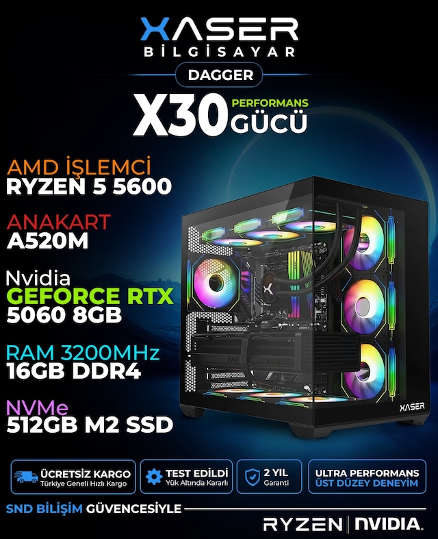 Xaser Dagger X30 R5-5600 16 GB 1 TB SSD 8 GB RTX5060 Free Dos Masaüstü Oyuncu Bilgisayarı